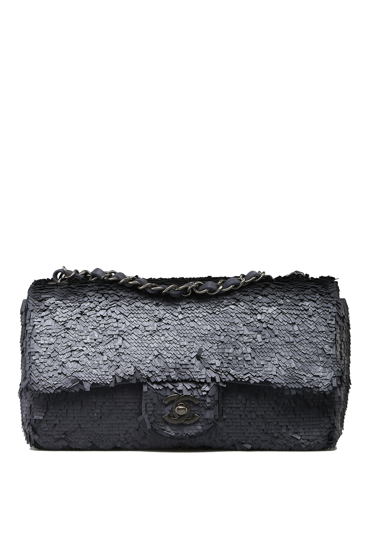 Chanel Medium Single Flap Bag in Black & Dark Grey Embroidered Sequins &  Calfskin with Silver-Tone Metal Hardware